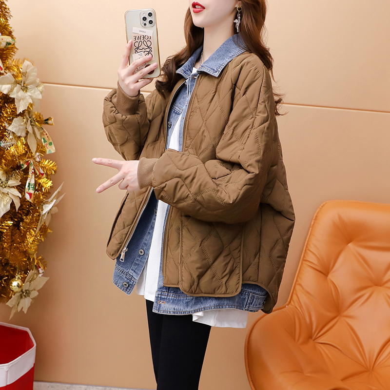 棉衣棉服女冬季加厚2025年新款菱格设计感牛仔拼接假两件夹棉外套