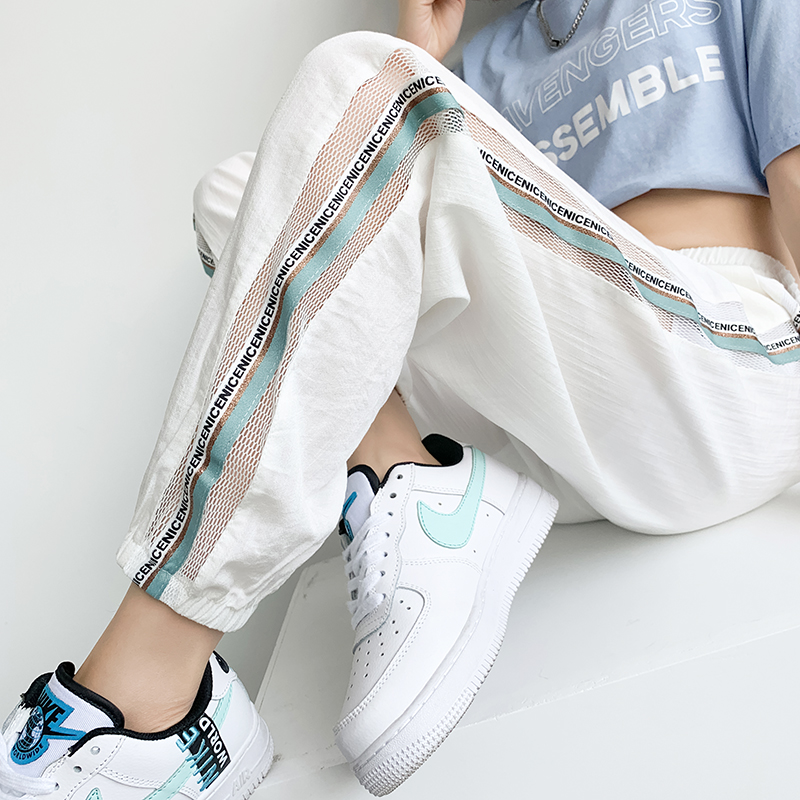 冰丝白色运动裤女夏季薄款2024新款宽松束脚显瘦九分休闲哈伦裤子