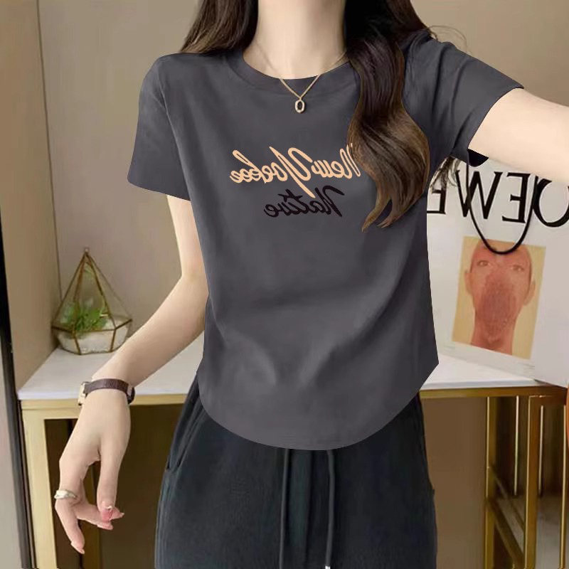 纯棉正肩短袖t恤女夏季薄款2025新款设计感修身显瘦半袖体恤上衣