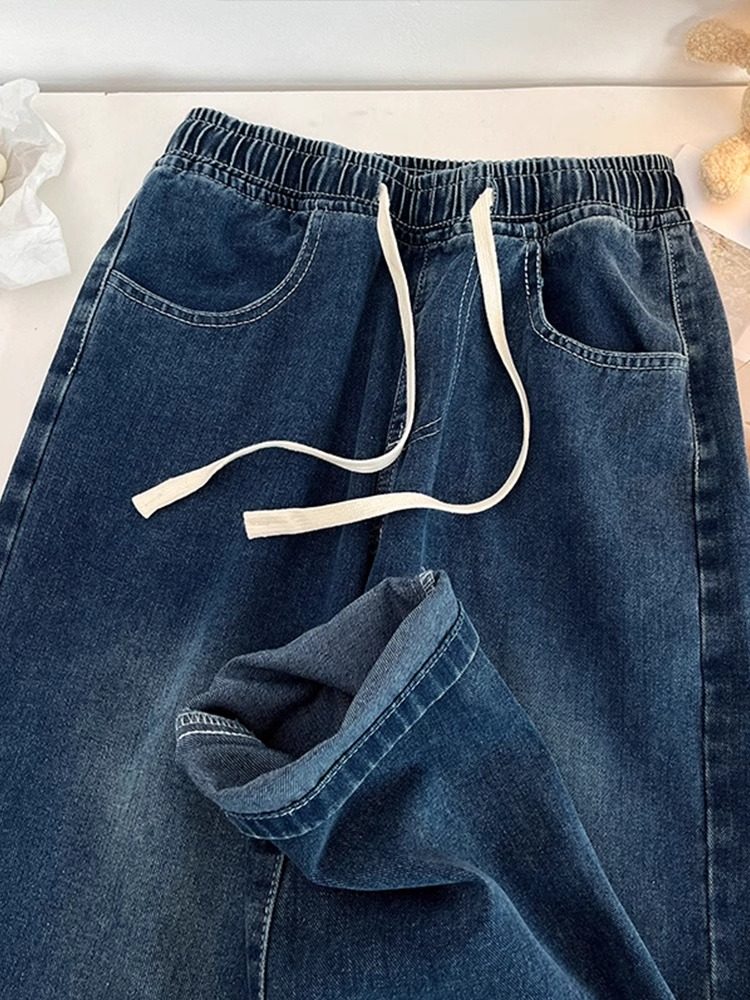 牛仔裤女春秋2025年新款松紧高腰垂感直筒宽松显瘦小个子阔腿裤子