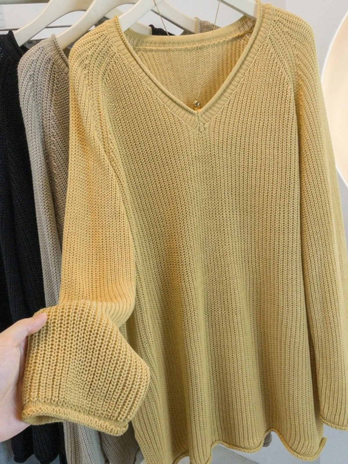 纯色针织衫女春秋季2025新款设计感宽松大码胖mm显瘦长袖t恤上衣