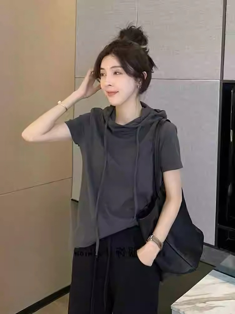 连帽短袖t恤女夏季薄款2024新款宽松显瘦时尚洋气正肩半袖上衣