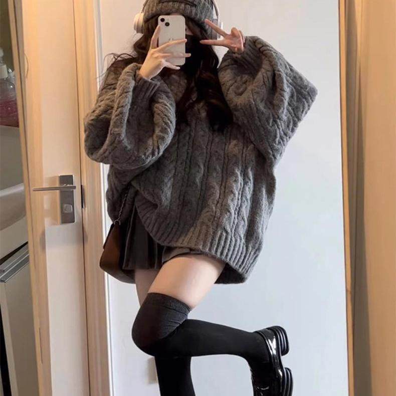 毛衣外套女秋冬季2025新款宽松大码慵懒风外穿麻花v领针织衫上衣