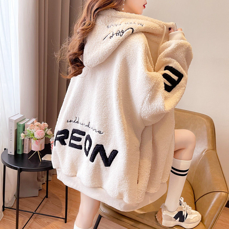 彷羊羔毛外套女秋冬2025新款加绒加厚中长款时尚洋气连帽卫衣开衫