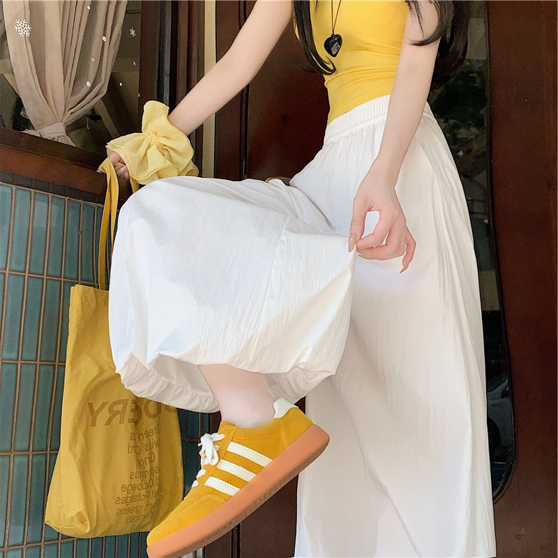 白色冰丝阔腿裤女夏季2025新款薄高腰大码显瘦小个子灯笼花苞裙裤