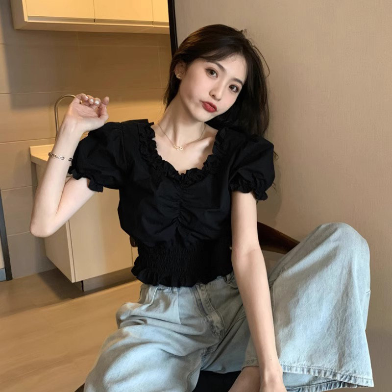 法式衬衫女短袖夏季薄款2026新款设计感小众短款泡泡半袖t恤上衣