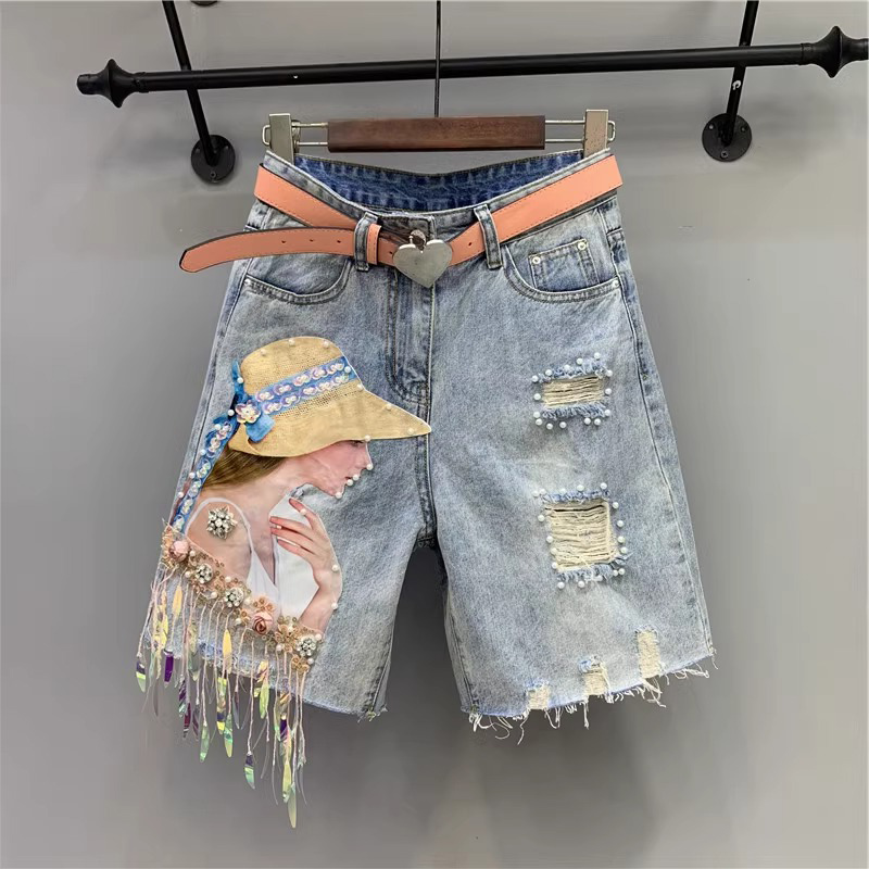 破洞牛仔短裤女夏季薄款2025新款高腰直筒中裤设计感小众五分裤子