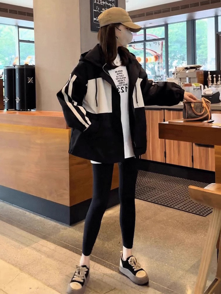 连帽撞色冲锋衣外套女秋冬季2025新款宽松小个子休闲夹棉夹克风衣