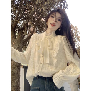 长袖衬衫女秋冬季加绒2025新款高级感轻奢减龄洋气蕾丝打底衫上衣