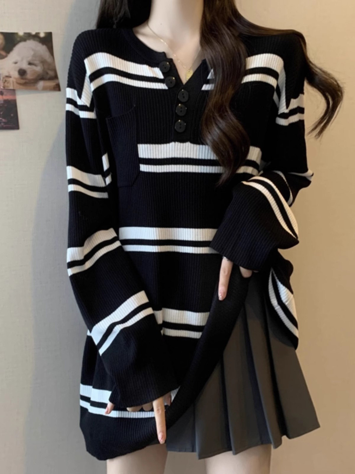 条纹针织衫女春秋季2025新款宽松大码慵懒风中长款毛衣打底衫上衣