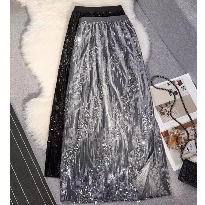 亮片丝绒半身裙女秋冬2025新款高腰显瘦a字中长款开叉包臀一步裙