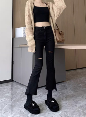 黑色破洞微喇牛仔裤女2025新款夏季薄款高腰显瘦小个子九分喇叭裤