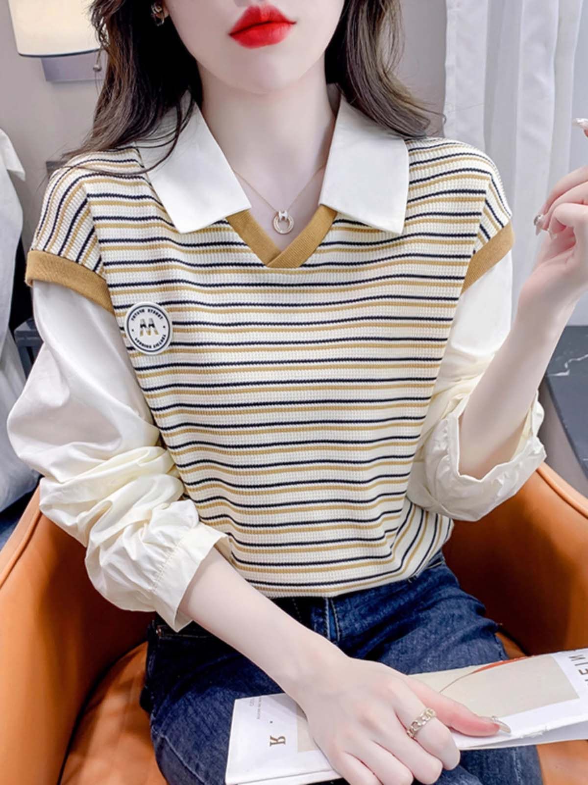 polo领针织衫女士春秋薄款2025新款假两件条纹毛衣打底衫内搭上衣