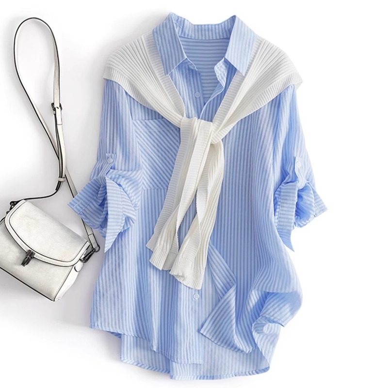 蓝色条纹衬衫女长袖春秋薄款2025新款设计感小众休闲 披肩衬衫上