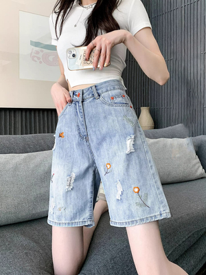 破洞牛仔短裤女夏季薄款2025新款高腰显瘦小个子休闲阔腿五分中裤