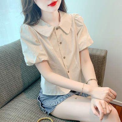 短袖雪纺衬衫女夏季薄款2025新款设计感小众短款小个子娃娃领上衣