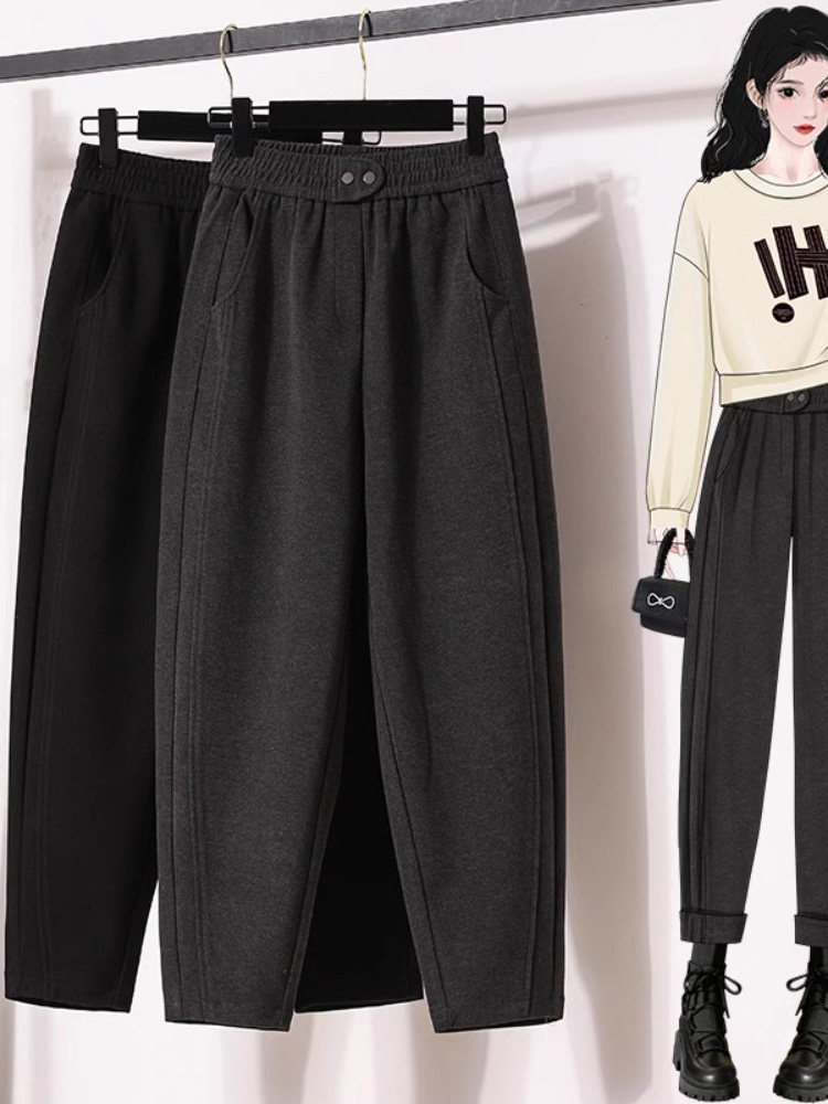 毛呢裤子女春秋2025新款高腰宽松大码胖mm显瘦休闲哈伦老爹萝卜裤