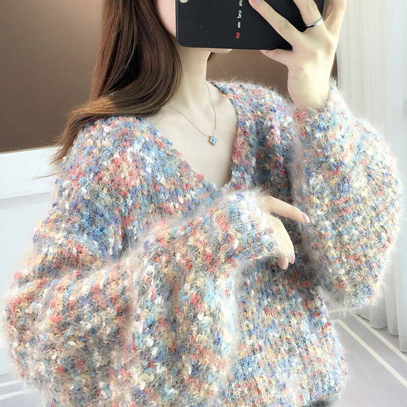 毛衣女春秋2025新款宽松外穿慵懒风设计感小众v领针织衫短款上衣