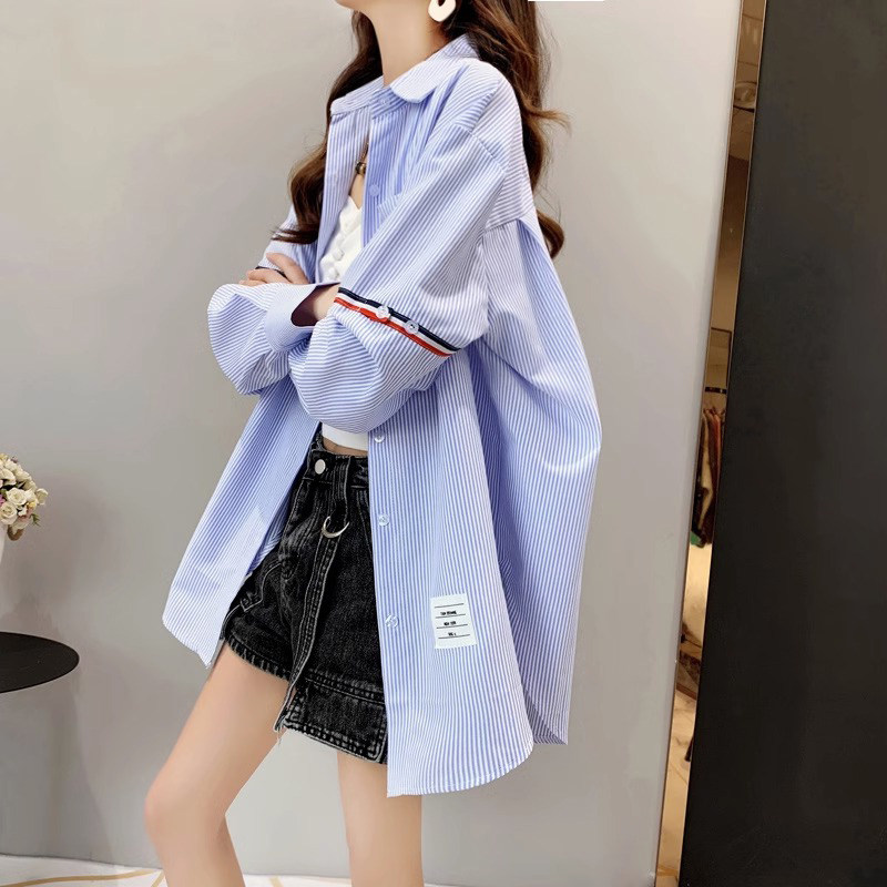 条纹衬衫女长袖春秋2026年新款设计感小众中长款休闲衬衣外套上衣