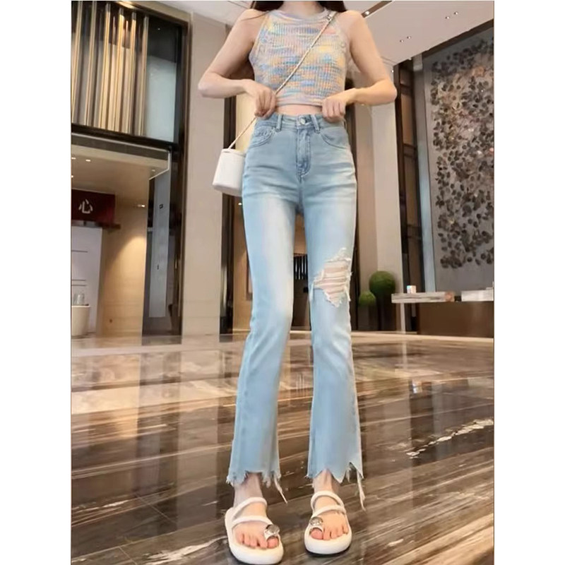 破洞微喇牛仔裤女春秋薄款2025新款高腰直筒显瘦小个子九分烟管裤