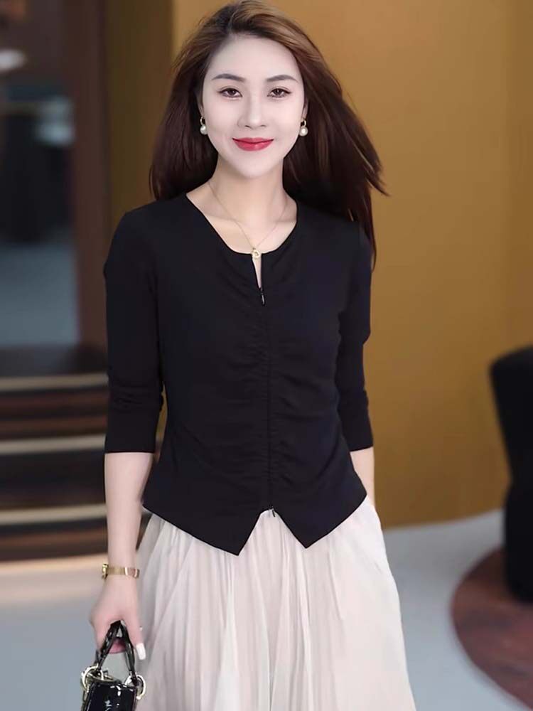 长袖t恤女士春秋薄款2025新款修身显瘦短款小个子打底衫内搭上衣