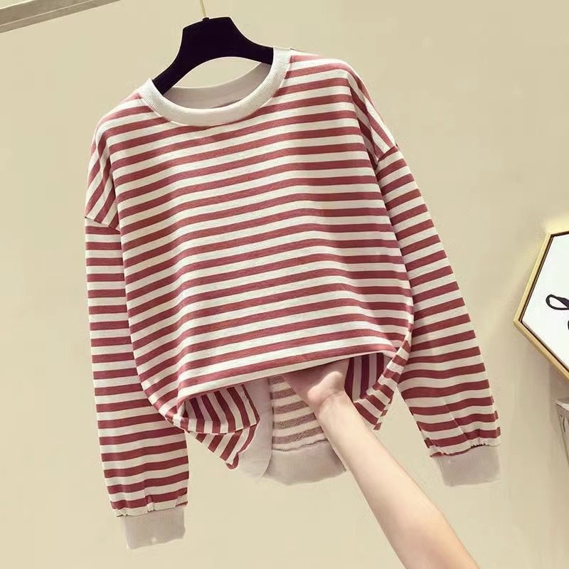 圆领卫衣女春秋2025新款小个子宽松慵懒洋气条纹纯棉长袖t恤上衣