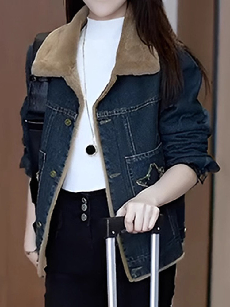 牛仔外套女秋冬2025新款宽松短款小个子加绒加厚夹克棉衣棉服上衣