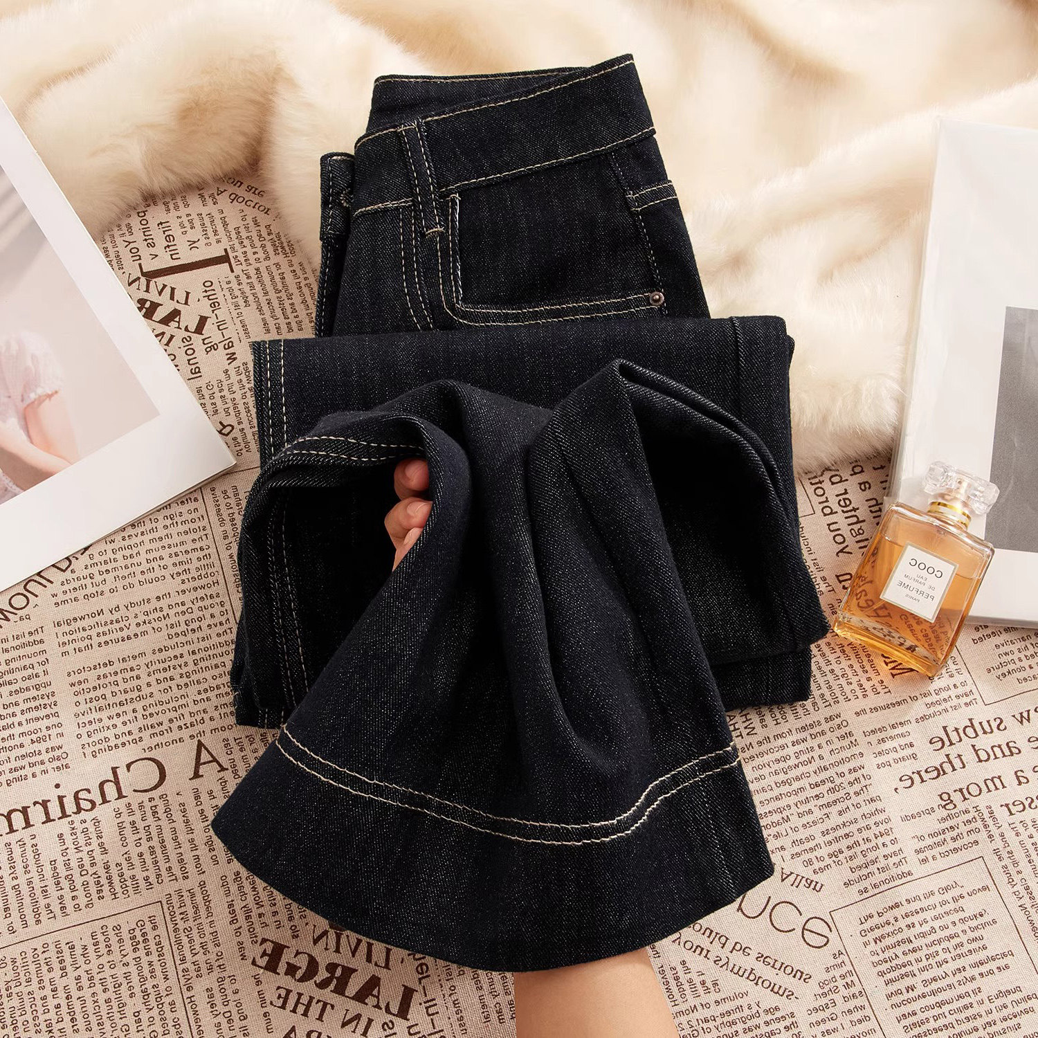 黑色牛仔裤女2025新款春秋薄款高腰垂感窄版直筒显瘦小个子阔腿裤