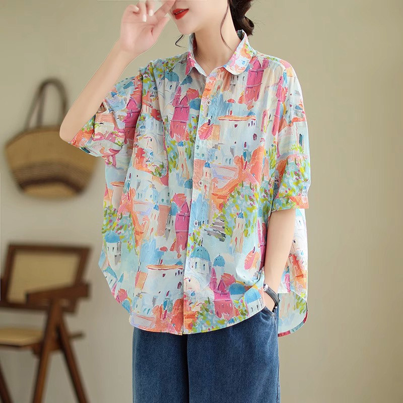 纯棉短袖衬衫女夏季薄款2025新款宽松设计感小众休闲碎花衬衣上衣