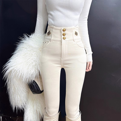 米白色牛仔裤女秋冬2025年新款加绒高腰显瘦紧身外穿打底小脚裤子