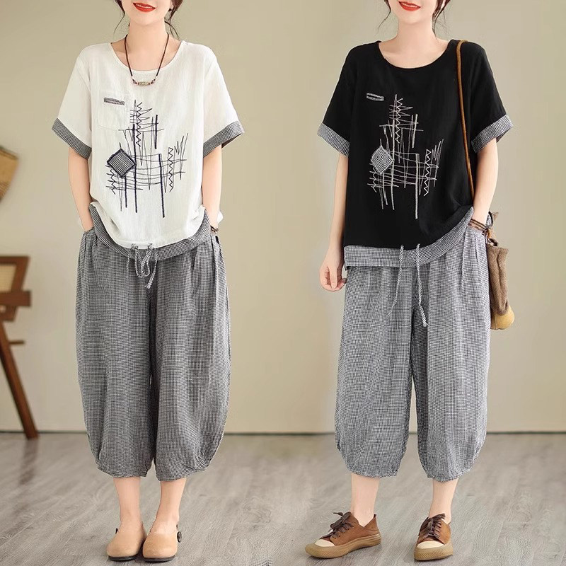 夏季套装女薄款2026新款高级感棉麻短袖t恤哈伦裤休闲时尚两件套