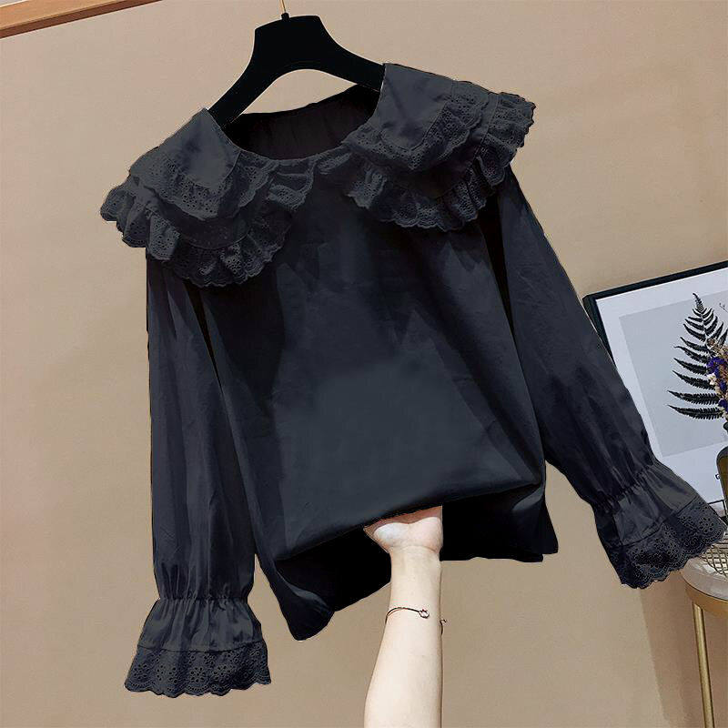 衬衫女长袖春秋薄款2025年新款宽松设计感小众打底蕾丝娃娃领上衣