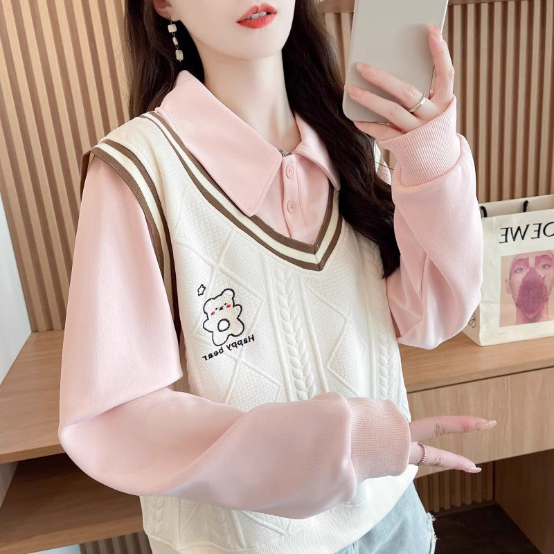 polo领卫衣女春秋薄款2025新款宽松大码慵懒风时尚洋气假两件上衣