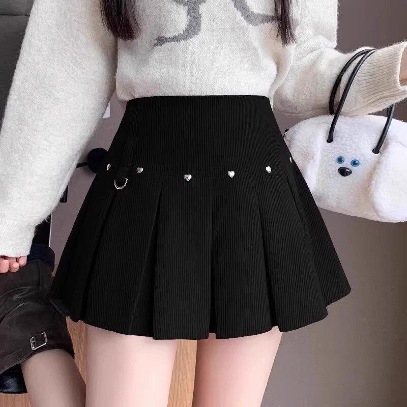 黑色半身裙女秋冬2025新款高腰显瘦a字短裙小个子灯芯绒百褶裙子