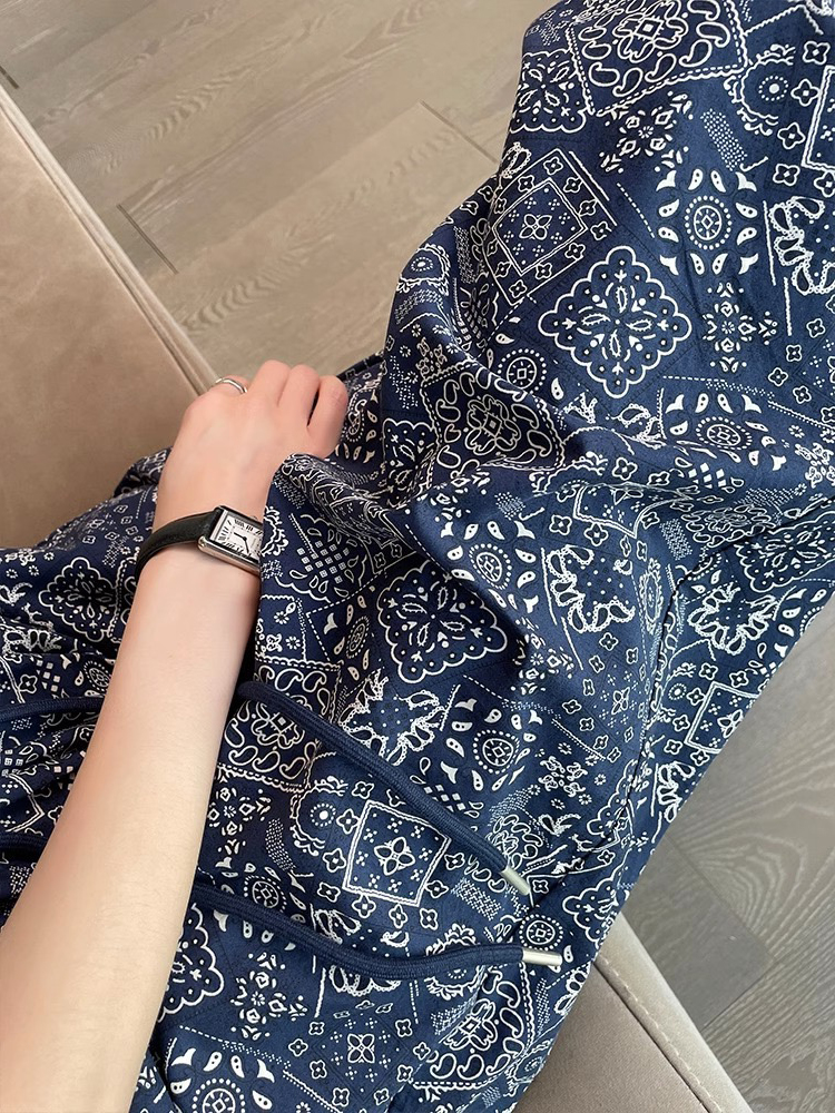 阔腿裤女夏季薄款2025新款高腰垂感窄版直筒小个子九分印花休闲裤