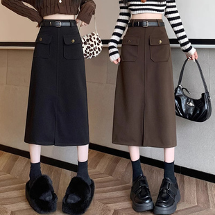 毛呢半身裙女春秋季2025新款高腰显瘦a字中长款开叉包臀一步裙子