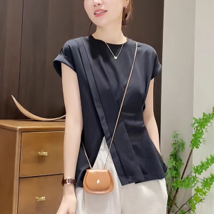 t恤女士夏季 2025新款 短袖 薄款 体恤上衣 修身 显瘦设计感不规则半袖