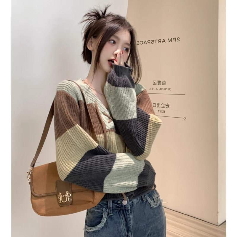 条纹针织衫女春秋外穿2025新款宽松慵懒风小个子短款V领毛衣上衣