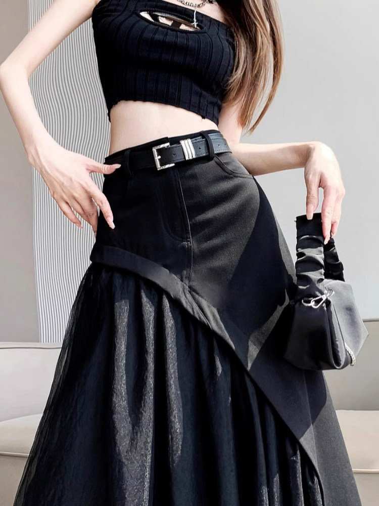黑色半身裙女春秋薄款2025新款高腰a字中长款不规则网纱百褶裙子