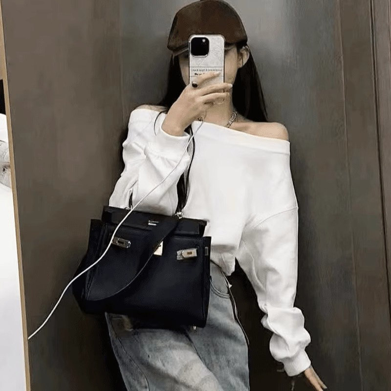 卫衣女春秋季2025新款时尚洋派设计感小众小个子一字露肩斜肩上衣
