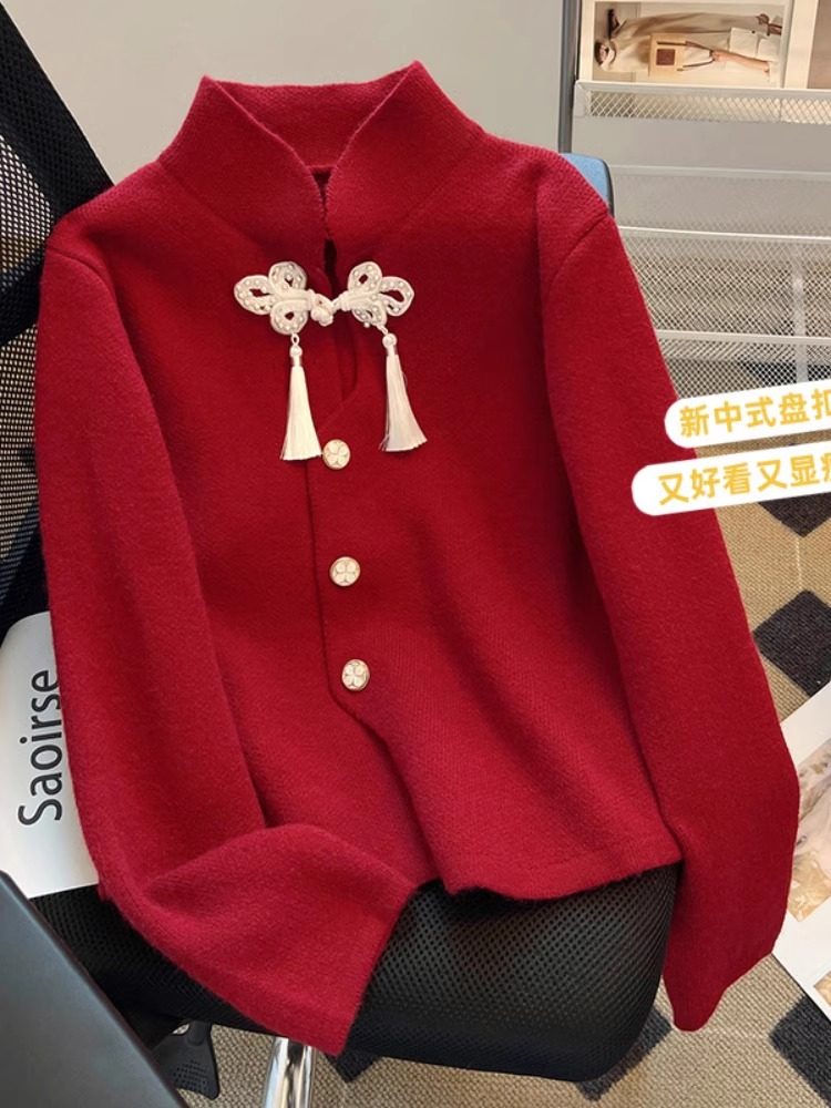 红色毛衣外套女秋冬2025新款宽松慵懒风中式国风盘扣针织开衫上衣