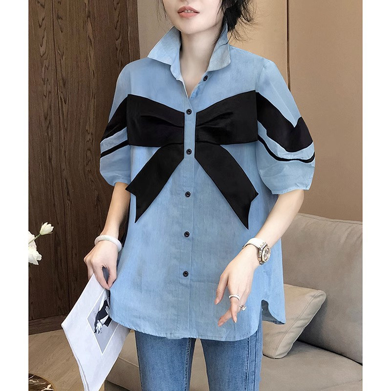 蓝色衬衫女短袖夏季薄款2025年新款设计感小众休闲衬衣蝴蝶结上衣