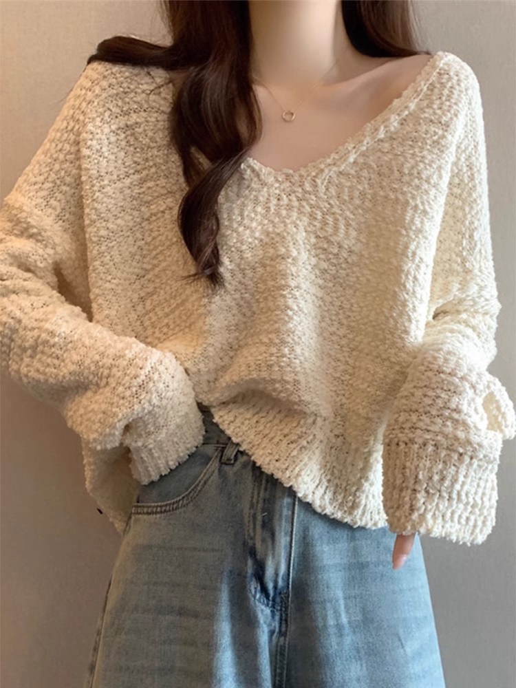 毛衣女春秋2025新款宽松慵懒风短款小个子v领针织打底衫内搭上衣