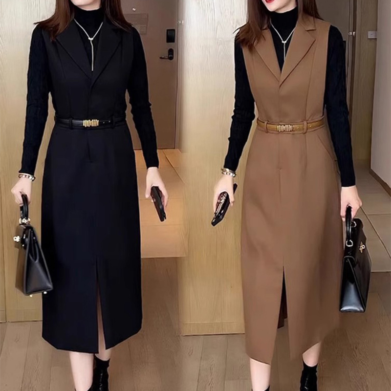 套装女春秋2024新款高级感半高领毛衣背心连衣裙子气质时尚两件套