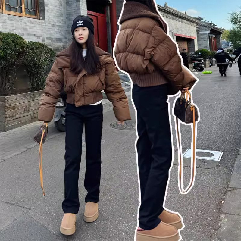 黑色直筒牛仔裤女秋冬加绒2025年新款高腰显瘦窄版小个子烟管裤子