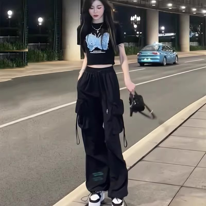 运动套装女夏季薄款2025新款短袖t恤工装阔腿裤子休闲时尚两件套