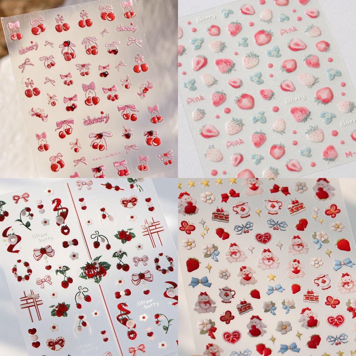 新款ins水果草莓果冻美甲可爱贴纸甜心樱桃蝴蝶结兔子diy指甲
