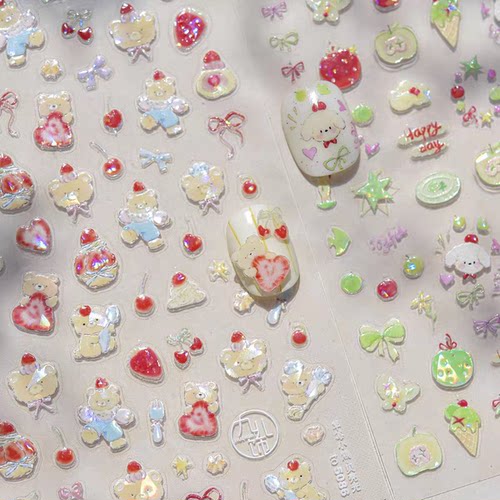 可爱小清新夏日新款小熊蝴蝶结美甲贴纸立体苹果小狗图案diy指甲