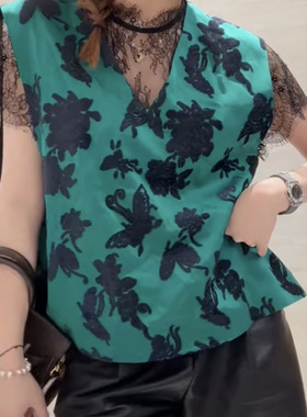 欧洲站2025秋季女v+.com时尚V领提花马甲+蕾丝打底衫两件套29546