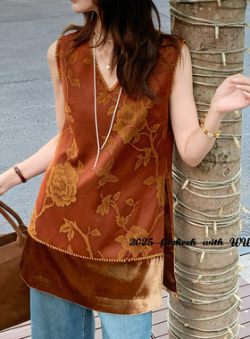 欧洲站2025秋v+.com时尚v领无袖印花复古马甲女背心连衣裙590090